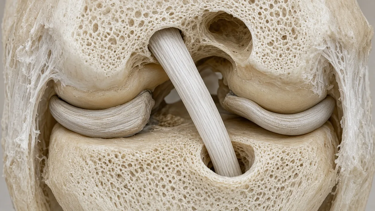 ACL reconstruction graft spanning from the tibia to the femur through bone tunnels in the position of the anterior cruciate ligament