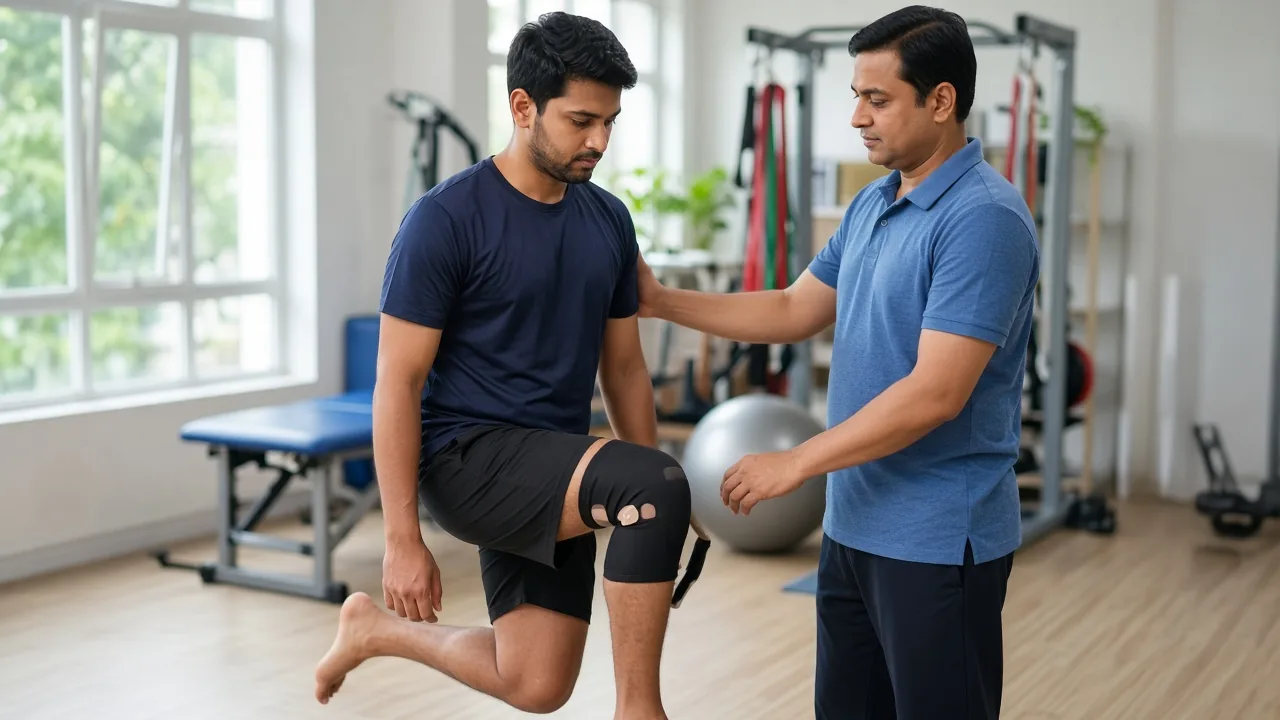 Adult athlete performing a supervised single-leg squat during ACL rehabilitation while a physiotherapist spots the operated knee