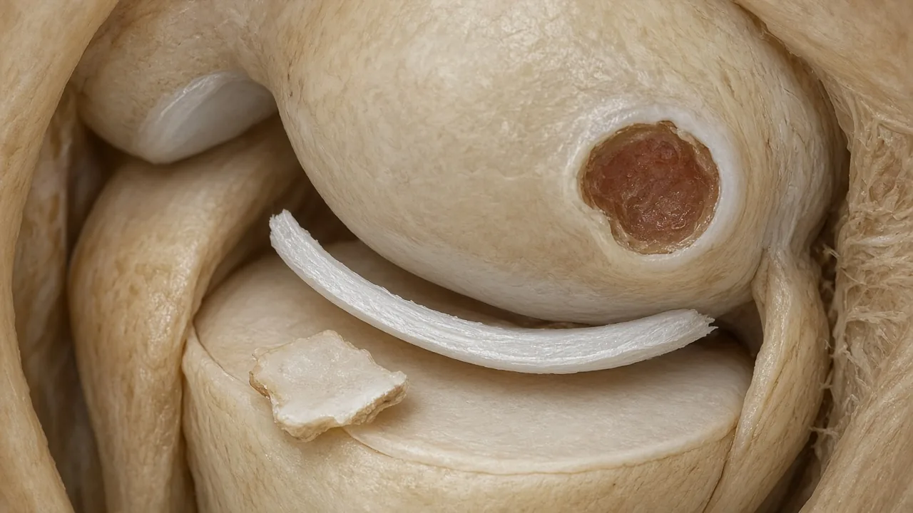 Adult knee joint interior showing a loose cartilage fragment in the joint space and a focal articular-cartilage defect on the femoral condyle