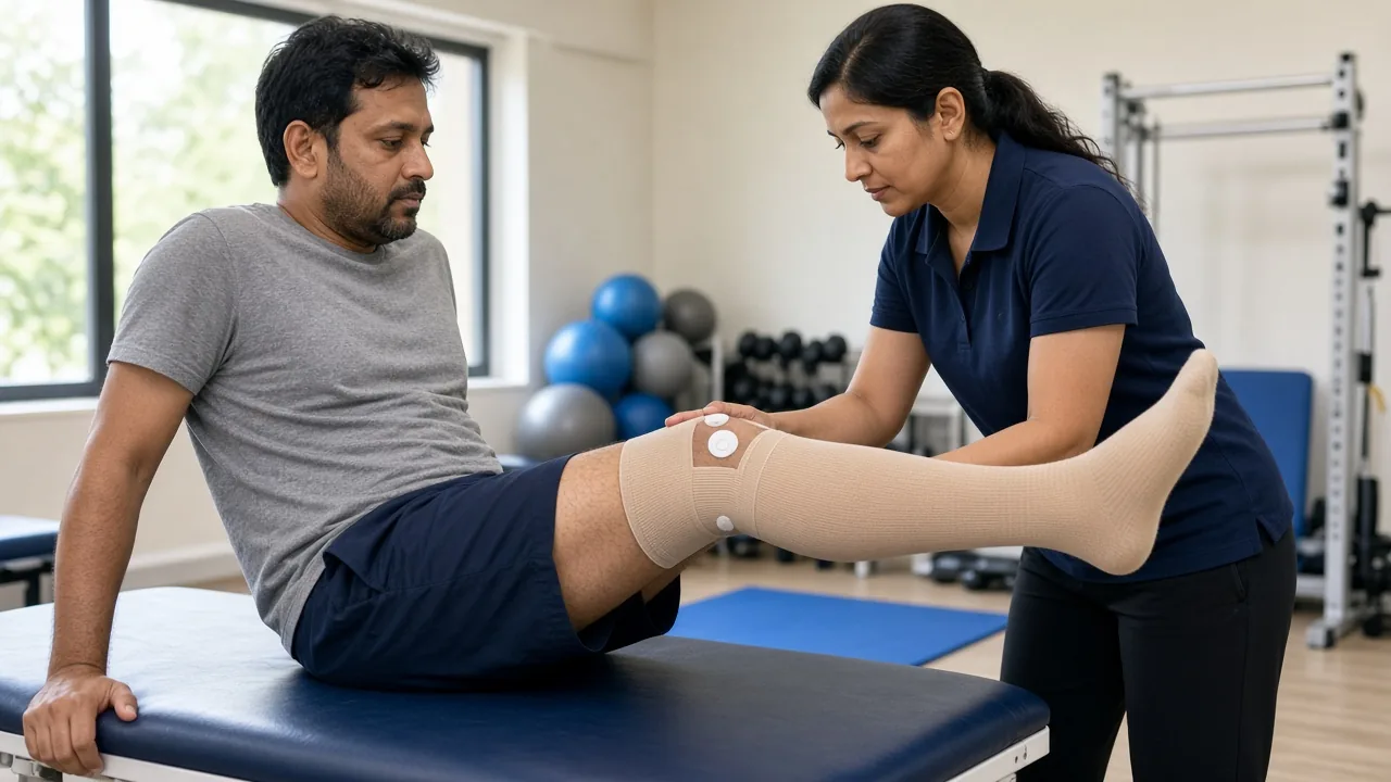 Adult patient performing a straight-leg raise during physiotherapy after knee arthroscopy while a therapist supports the operated knee