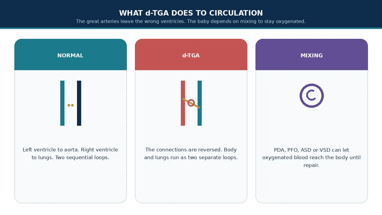 Educational illustration of normal connections, reversed d-TGA loops and mixing pathways