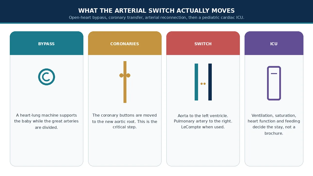 Educational illustration of bypass, coronary transfer, arterial reconnection and ICU monitoring