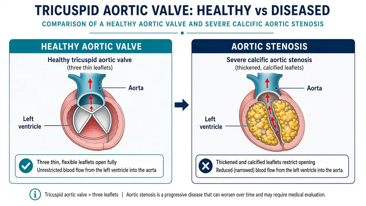 Educational illustration of a healthy aortic valve versus calcific aortic stenosis