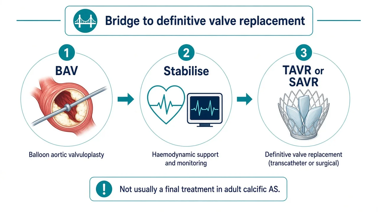 Educational illustration of BAV as a bridge to TAVR or SAVR