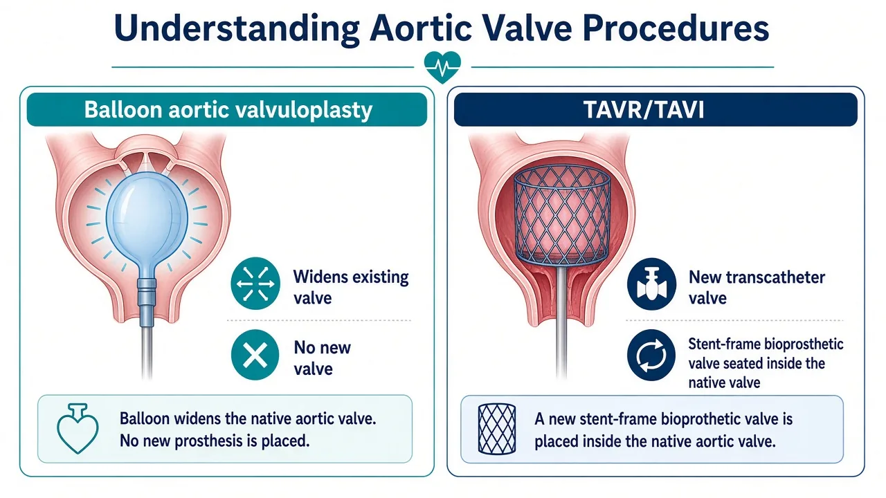 Educational illustration comparing balloon aortic valvuloplasty with TAVR