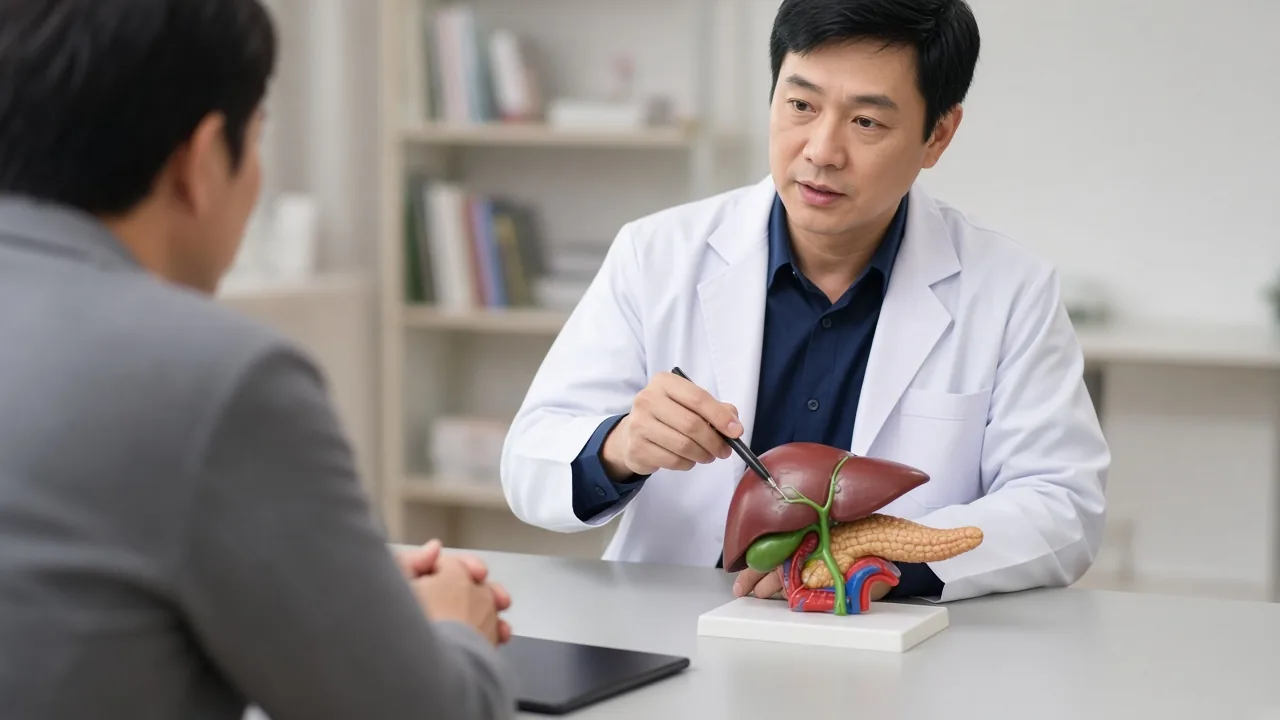 Educational illustration of the bile-duct cancer journey from scans to oncology