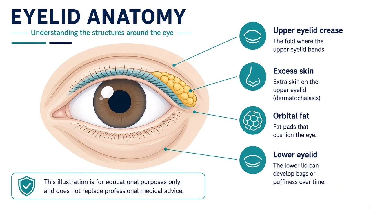 Medical illustration showing upper and lower eyelid skin, orbicularis muscle, orbital fat and the eyelid crease