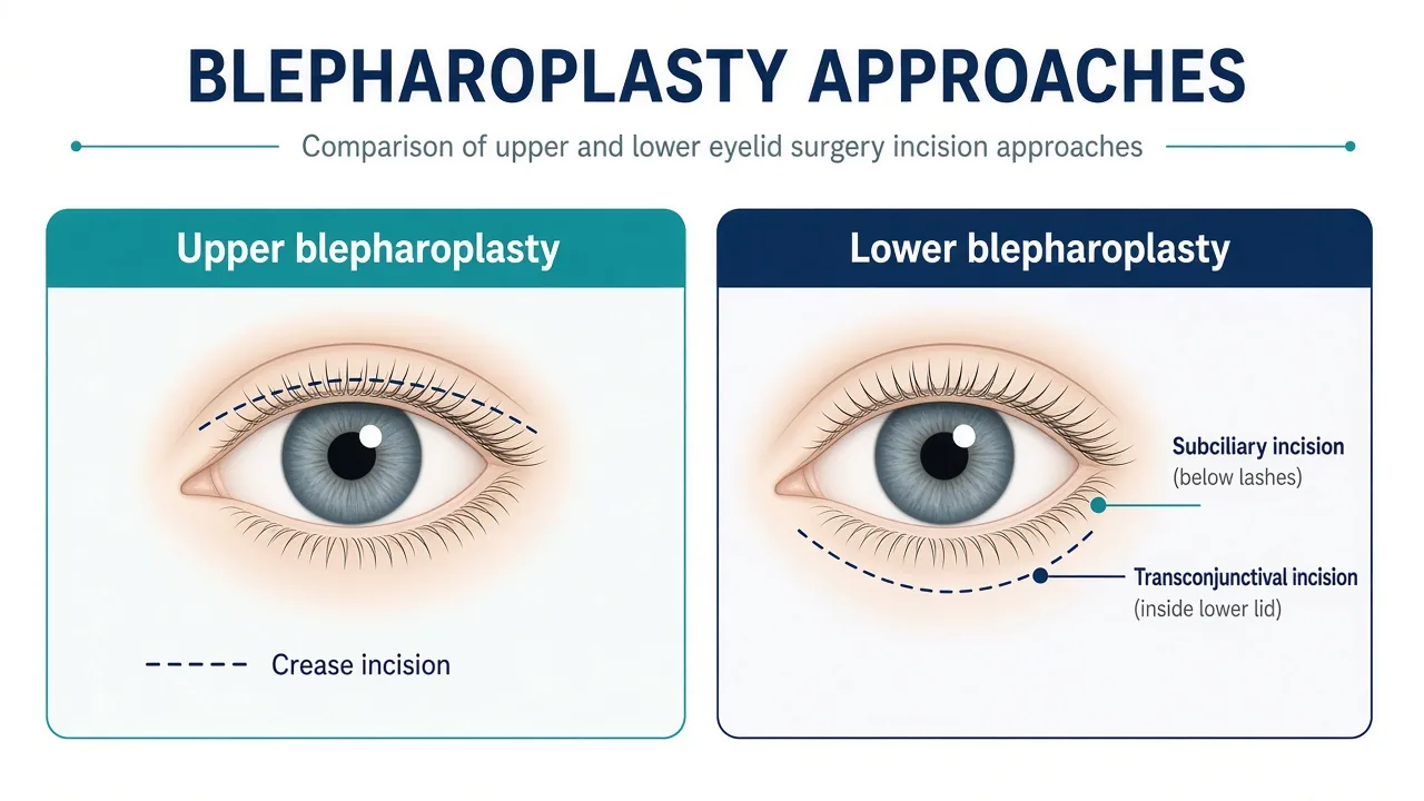 Clinical diagram comparing upper-crease, lower transconjunctival and lower transcutaneous blepharoplasty access