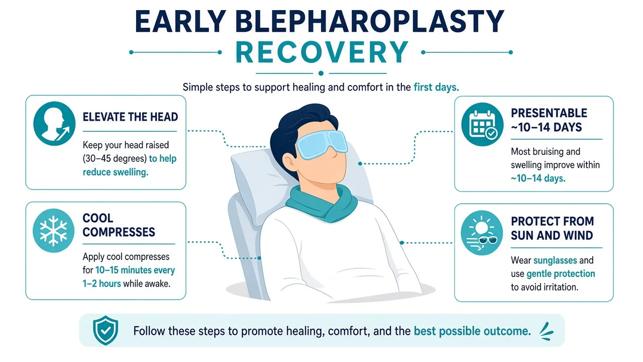 Blepharoplasty recovery pathway showing cool compresses, head elevation and protection from sun and wind