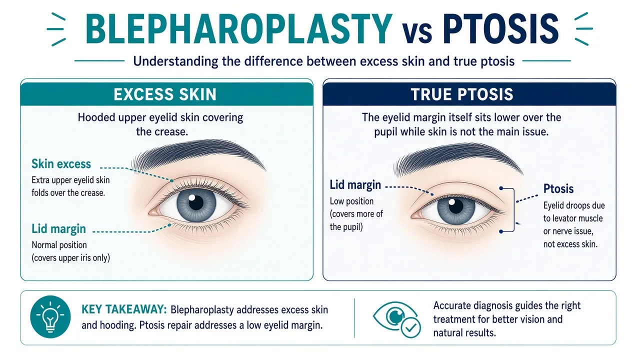 Educational illustration distinguishing excess upper-eyelid skin from true eyelid ptosis