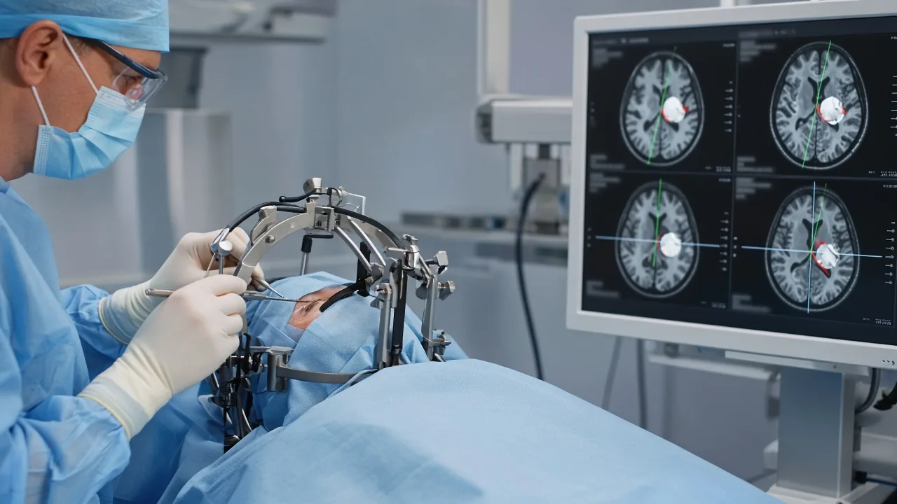 Stereotactic trajectory used to biopsy a deep brain lesion
