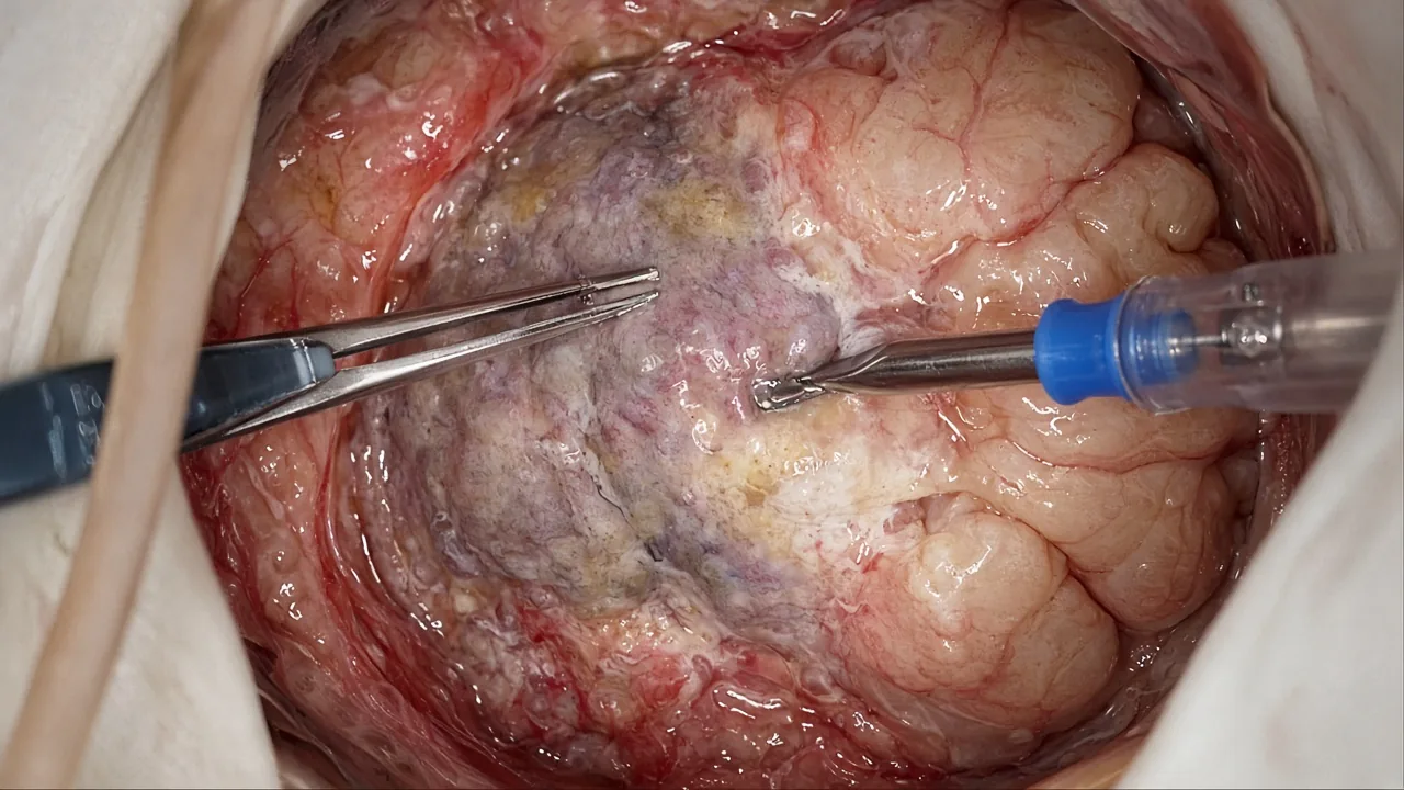 Microsurgical glioma resection illustrating infiltrative tumour tissue at the cortical margin