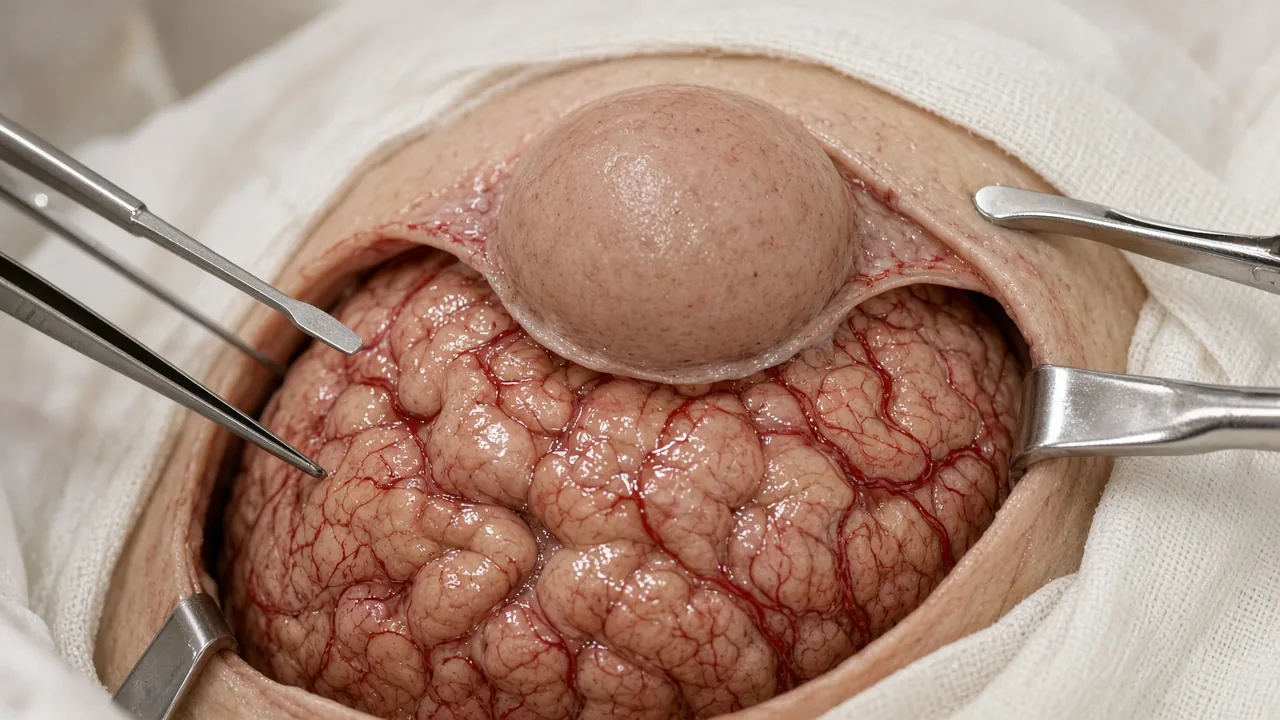 Extra-axial convexity meningioma on the brain surface after a bone flap has been lifted