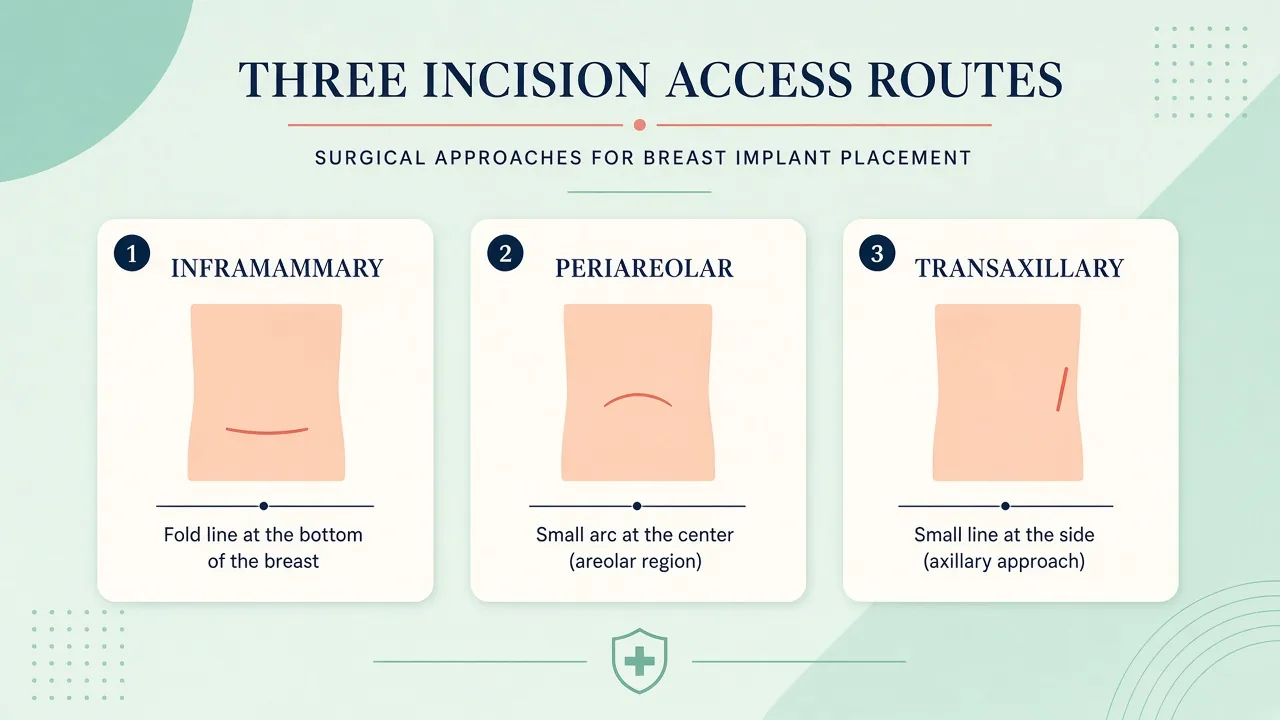 Canva-style diagram of inframammary, periareolar and transaxillary breast-augmentation incisions