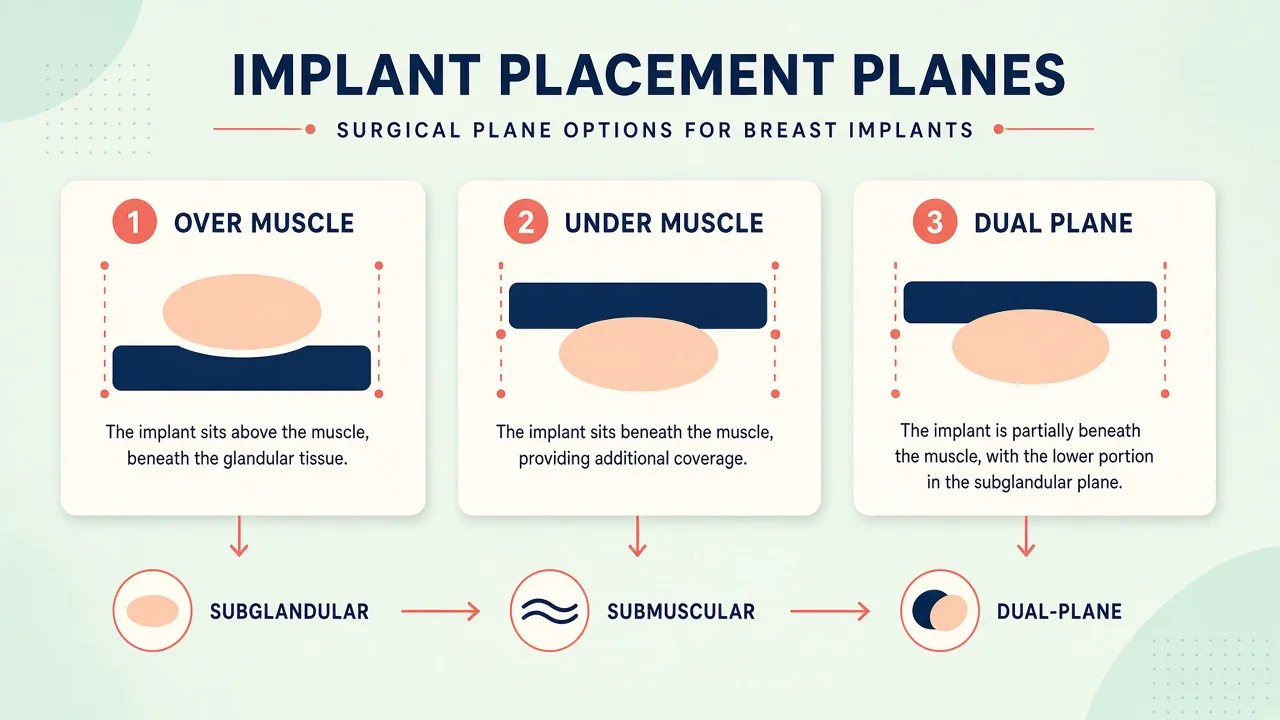 Educational diagram of subglandular, submuscular and dual-plane implant placement