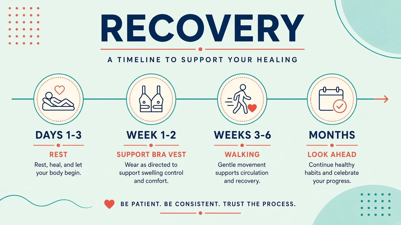 Breast-augmentation recovery pathway showing rest, a support bra, gradual walking and later settling