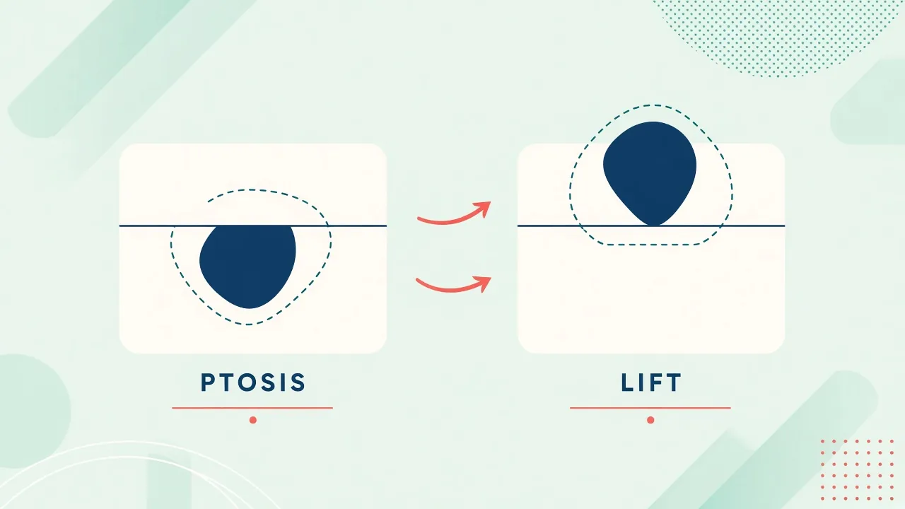 Educational illustration of breast ptosis below the crease versus a lifted contour above it