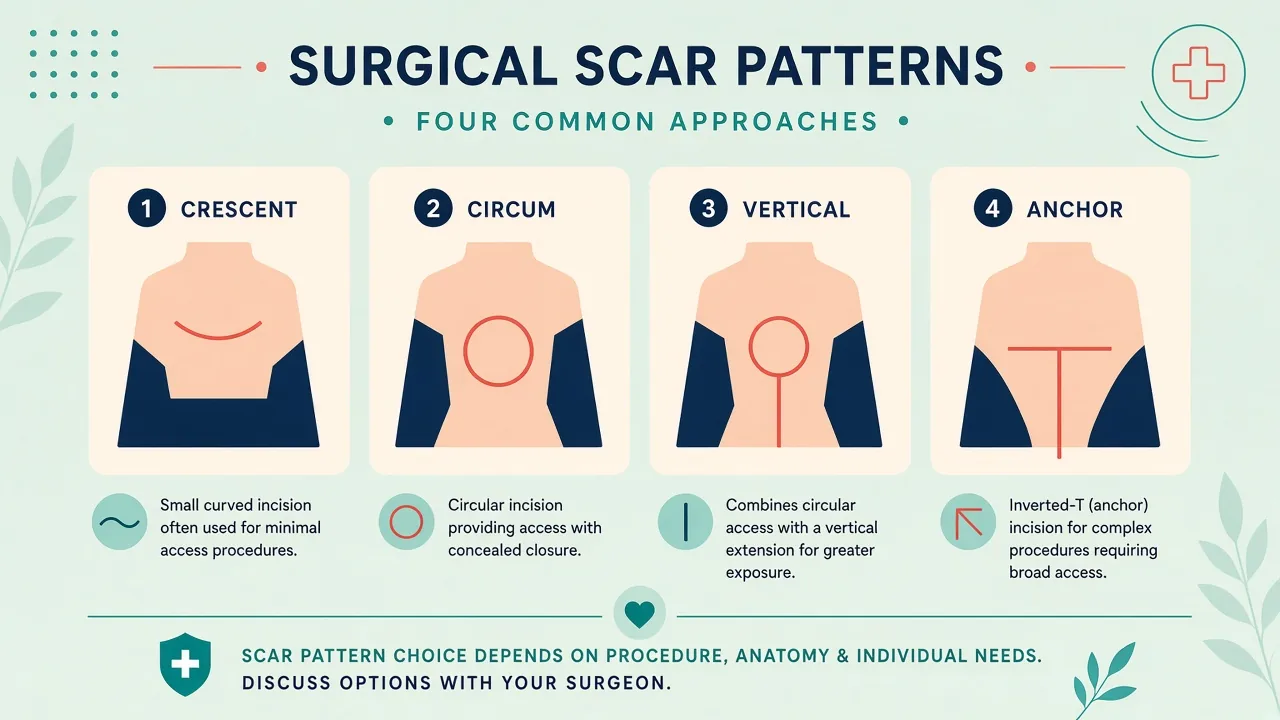 Canva-style diagram of crescent, circumareolar, vertical and anchor mastopexy incision patterns