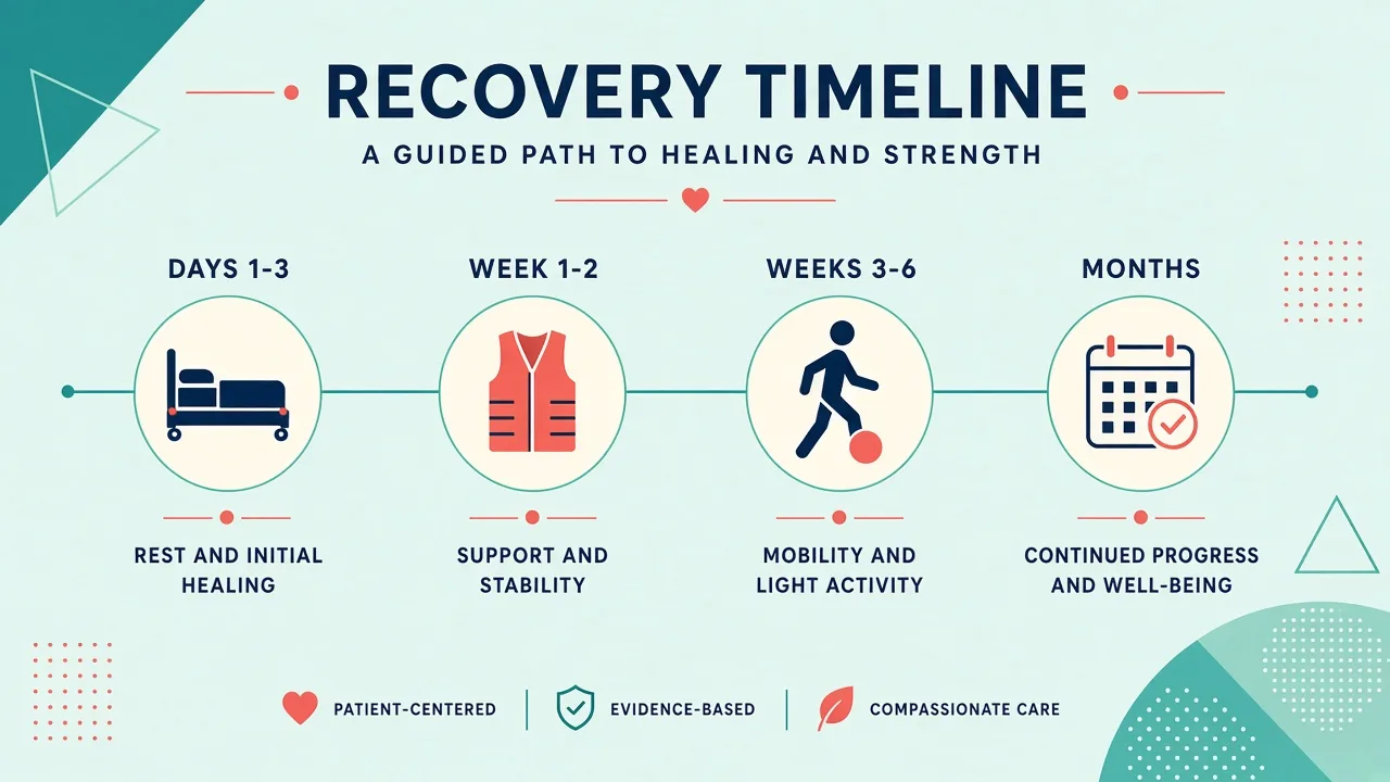 Breast-lift recovery pathway showing rest, a support garment, gradual walking and later settling