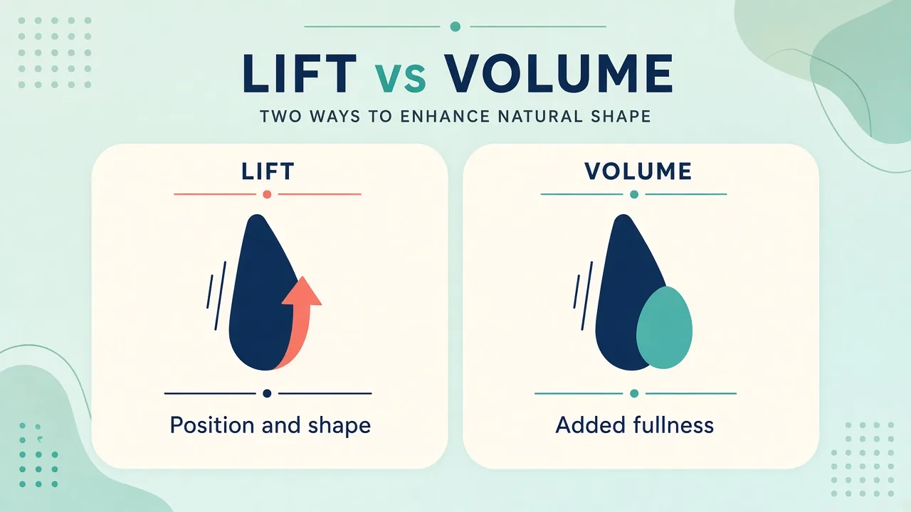 Educational comparison of a lift that changes position and shape versus added volume