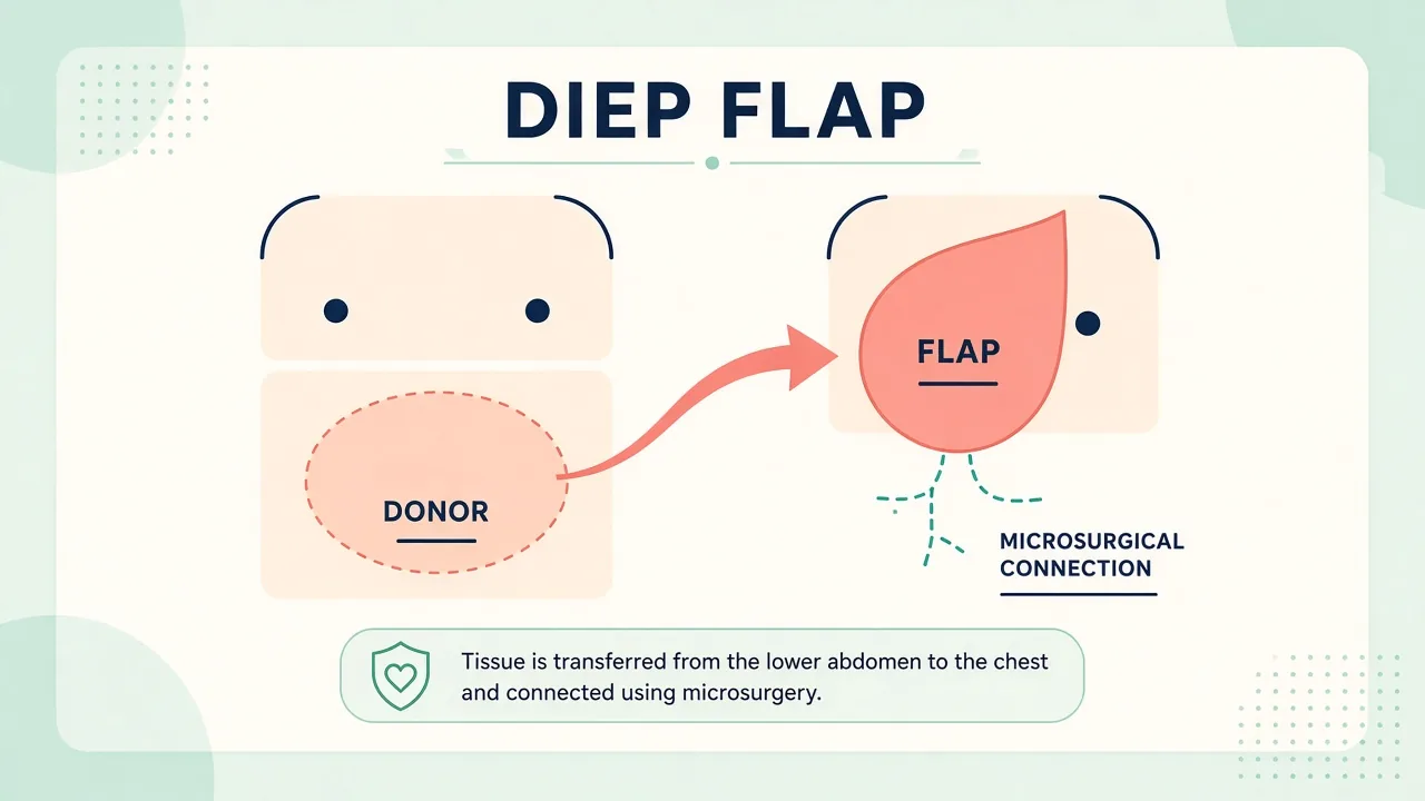Educational diagram of DIEP flap transfer from lower-abdomen donor tissue to the chest with microsurgical connection