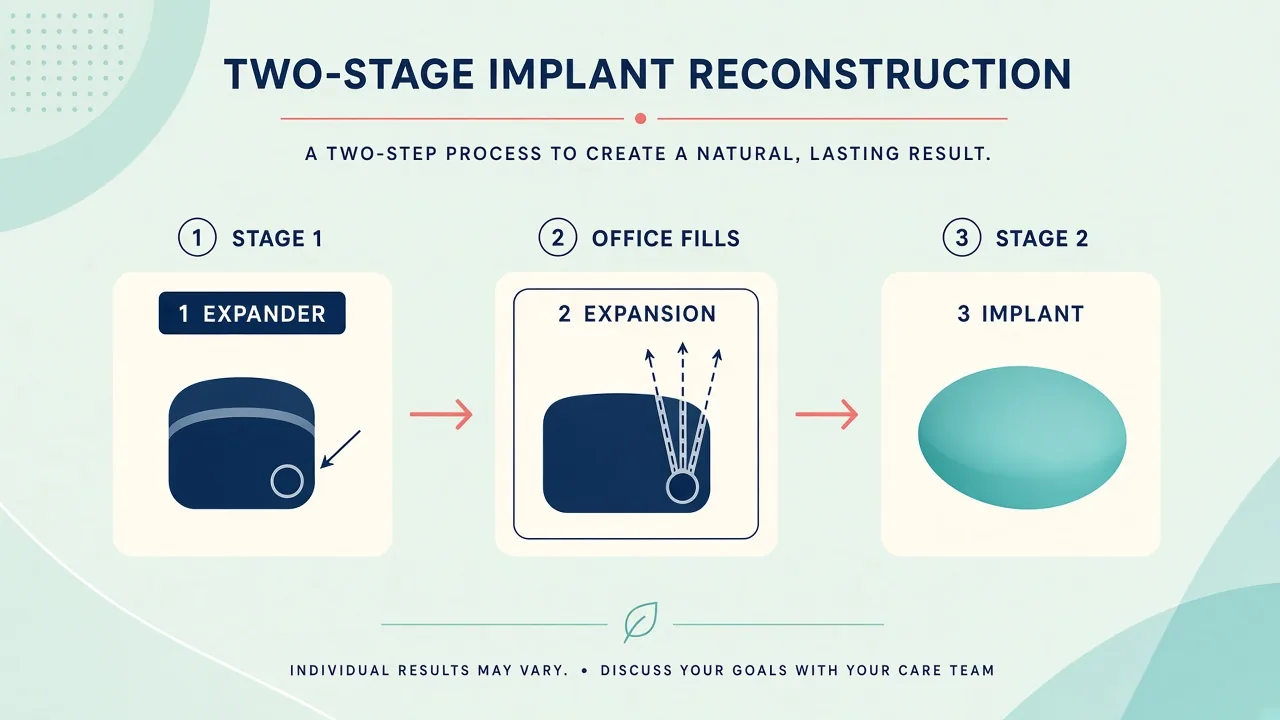 Two-stage implant reconstruction: expander, office fills, then permanent implant