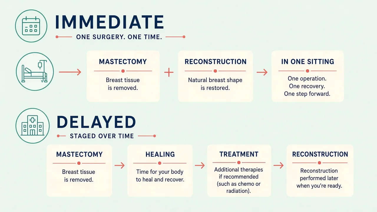 Timeline comparing immediate reconstruction in the same sitting as mastectomy with delayed reconstruction after healing