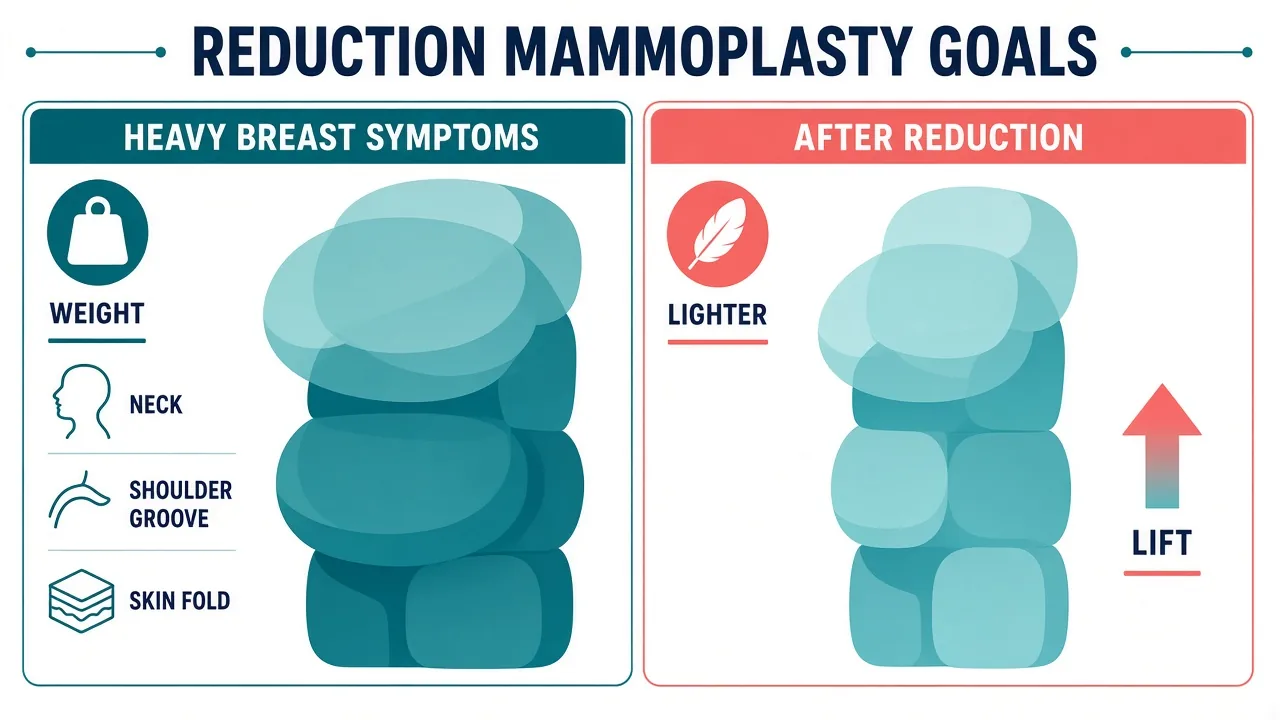Educational comparison of heavy-breast symptoms versus a lighter, lifted contour after reduction