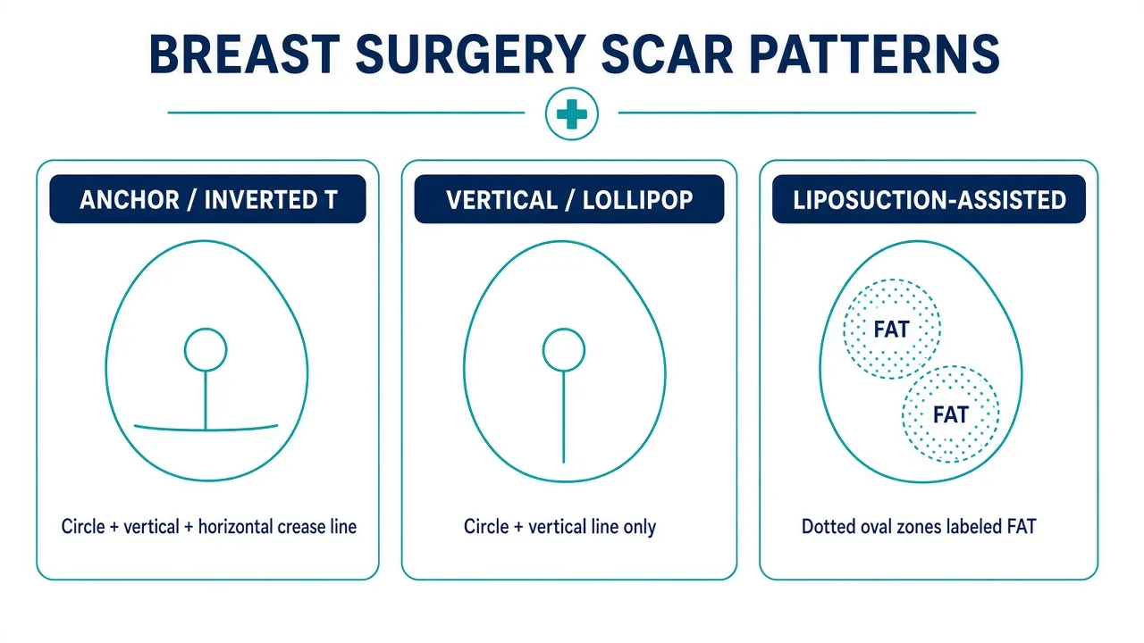 Canva-style diagram of anchor, vertical and liposuction-assisted breast-reduction patterns
