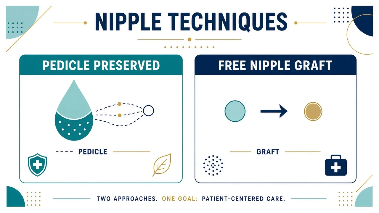 Educational comparison of a tissue pedicle remaining attached versus a free nipple graft