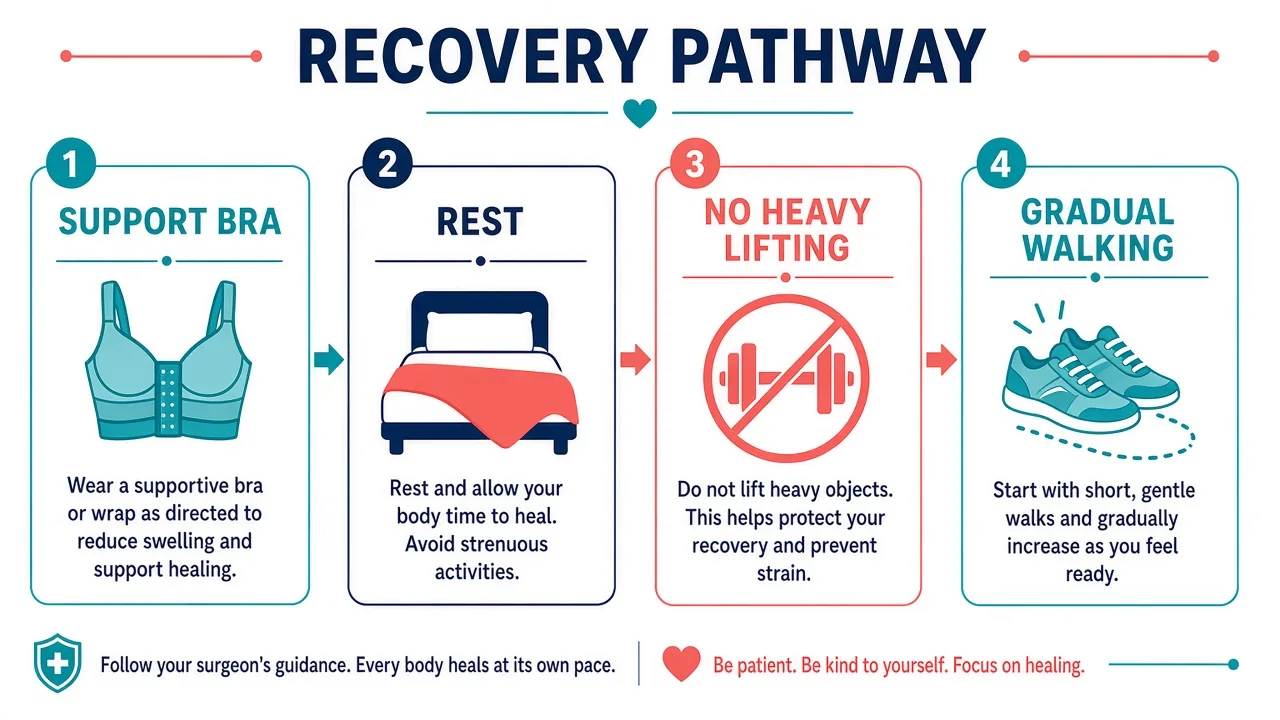 Breast-reduction recovery pathway showing a support bra, rest, no heavy lifting and gradual walking