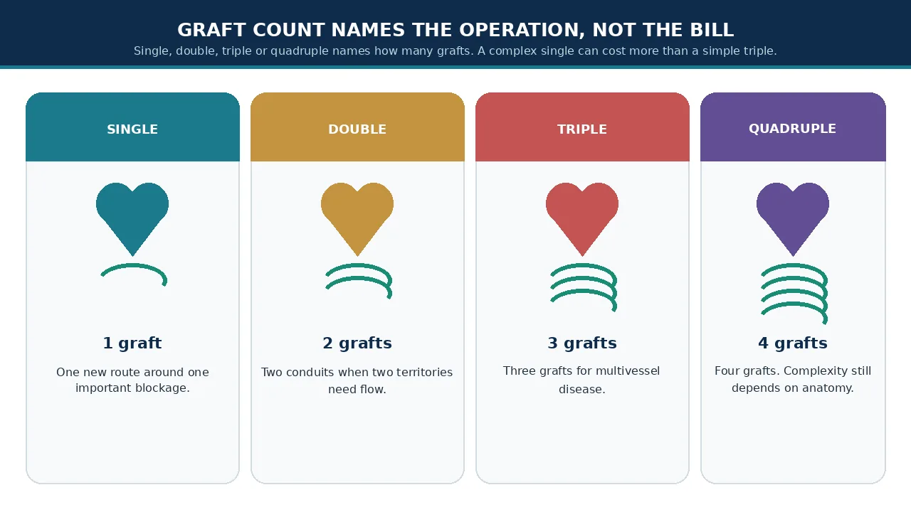 Educational illustration of single, double, triple and quadruple bypass grafts