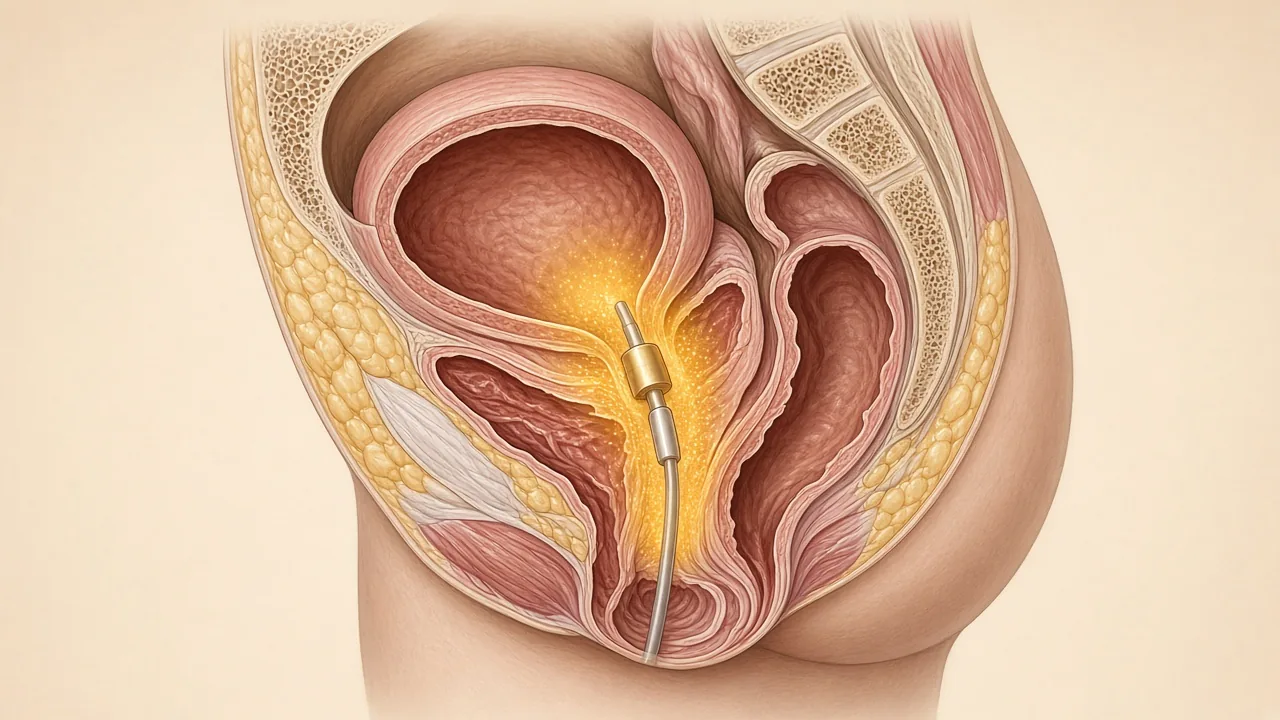 Educational pelvic illustration of an intracavitary applicator with a gold dose field concentrated at the cervix