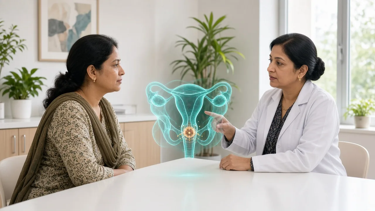 Gynecologic oncologist reviewing a pelvic overlay with a patient in clinic