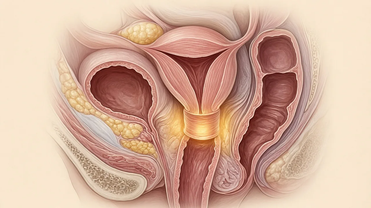 Educational pelvic cross-section showing cervical-origin disease and nearby parametrial tissue