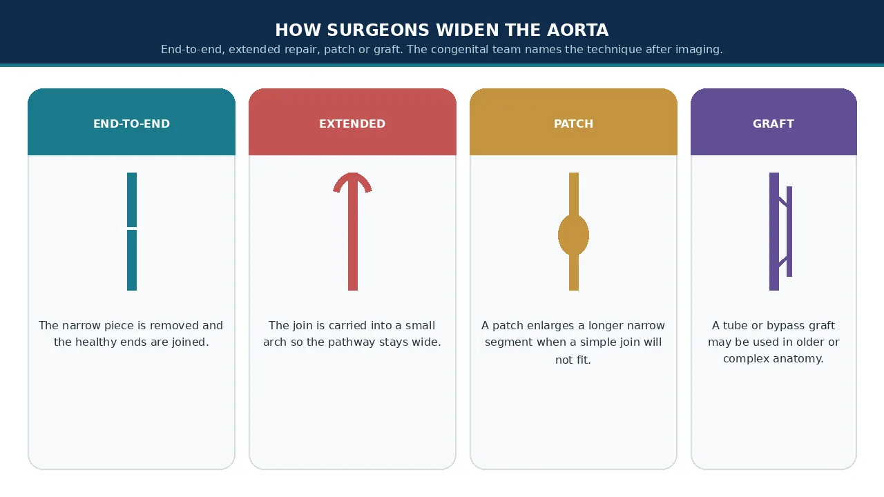 Educational illustration of end-to-end, extended, patch and graft reconstructions