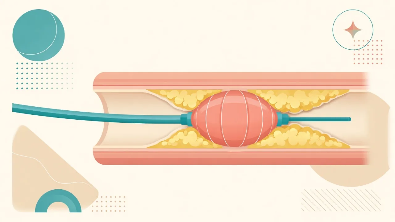 Educational illustration of balloon angioplasty inside a coronary artery