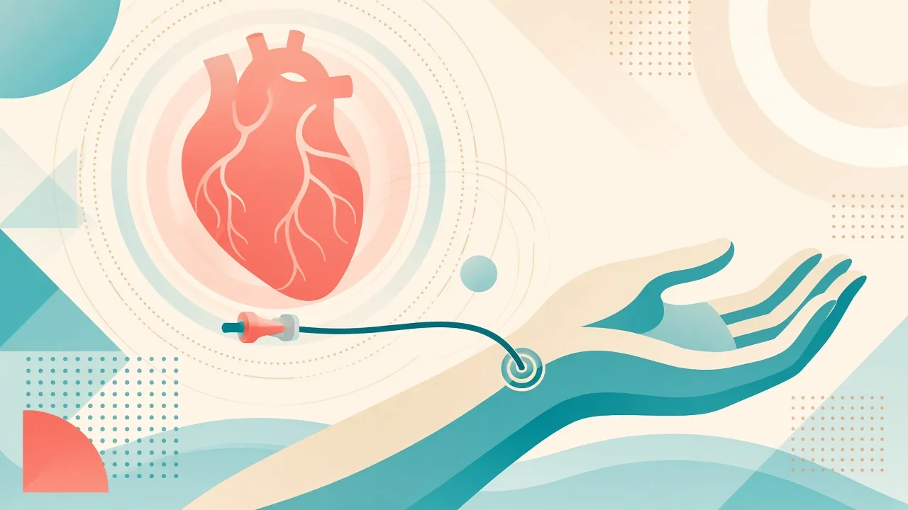Educational illustration of radial wrist access for coronary angioplasty