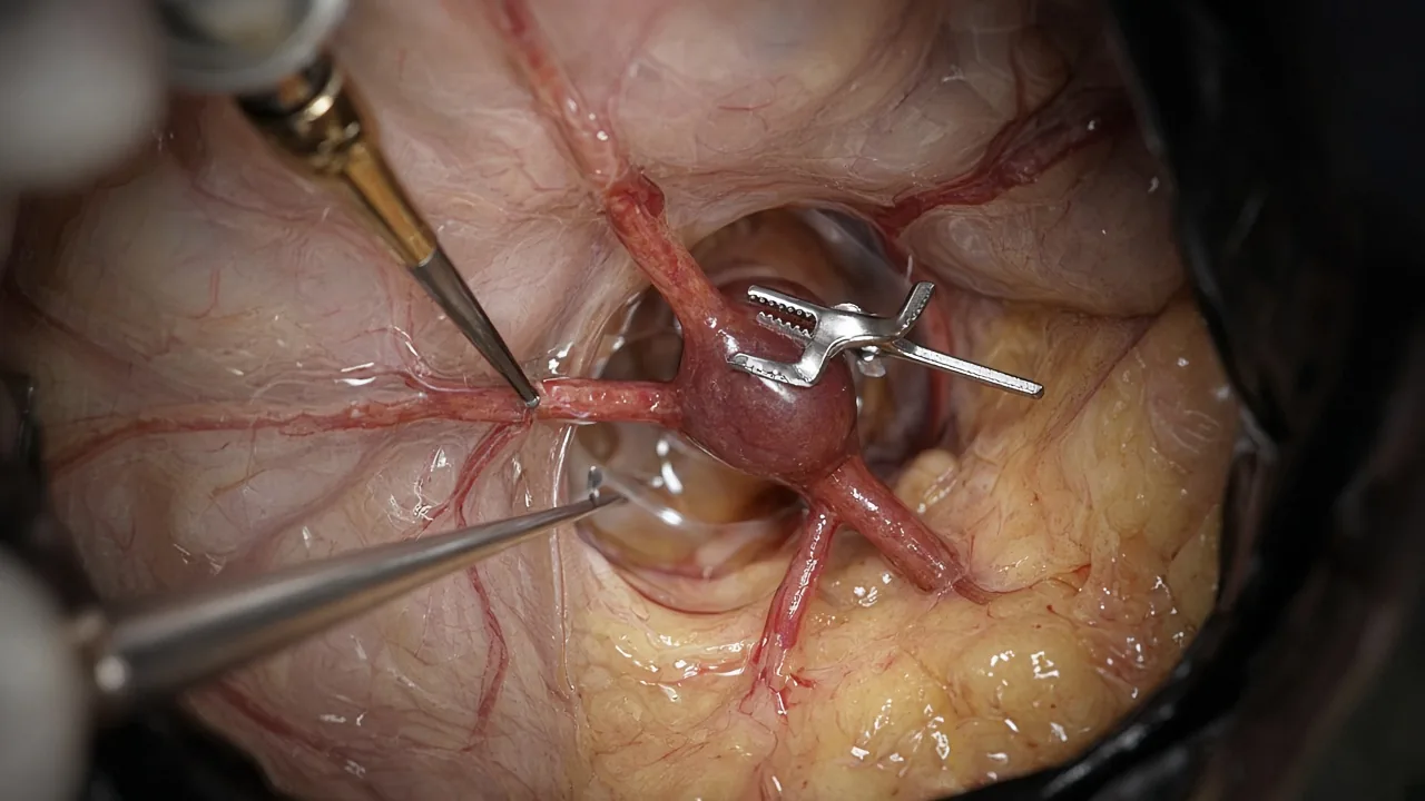 Microsurgical aneurysm clip across the neck of a cerebral artery aneurysm
