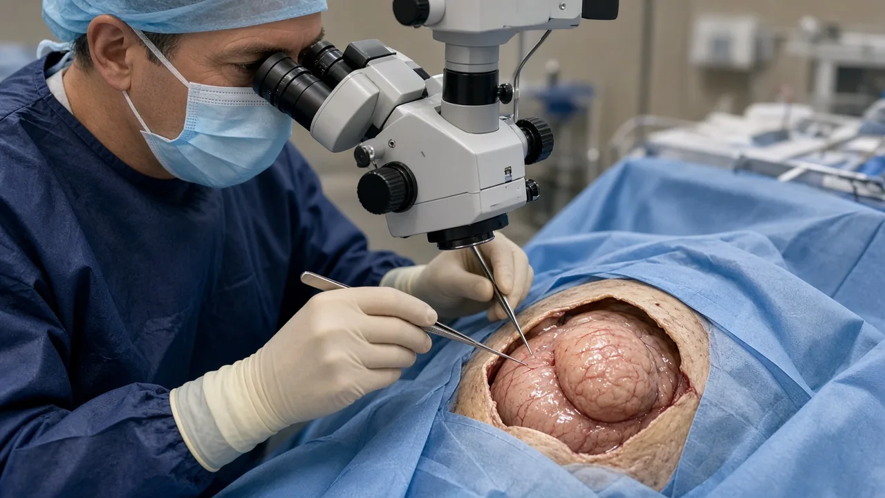 Microsurgical removal of a convexity meningioma after a craniotomy bone flap has been lifted