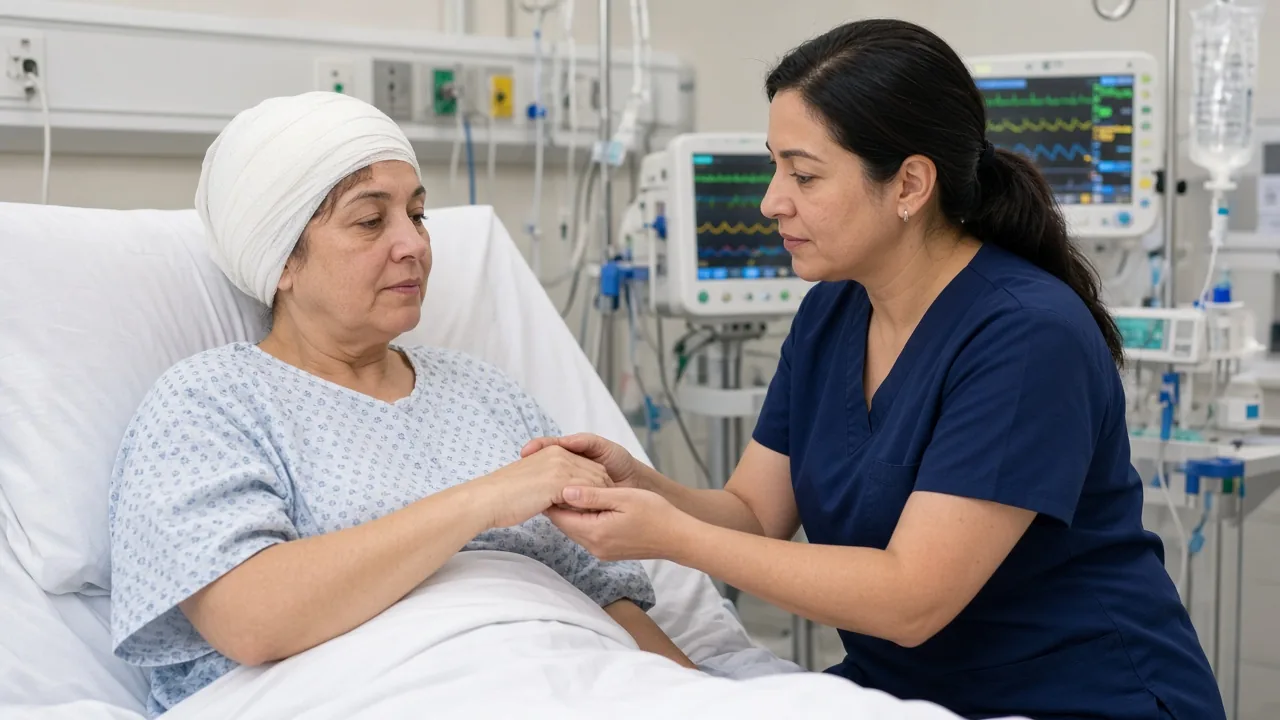 Neurosurgical intensive-care nurse checking neurological status after craniotomy
