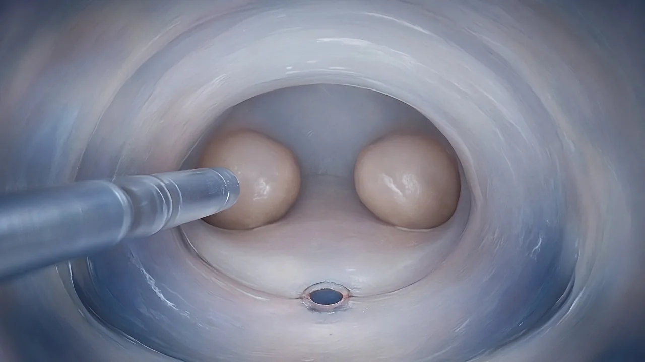 Endoscopic view of the floor of the third ventricle during ETV for obstructive hydrocephalus