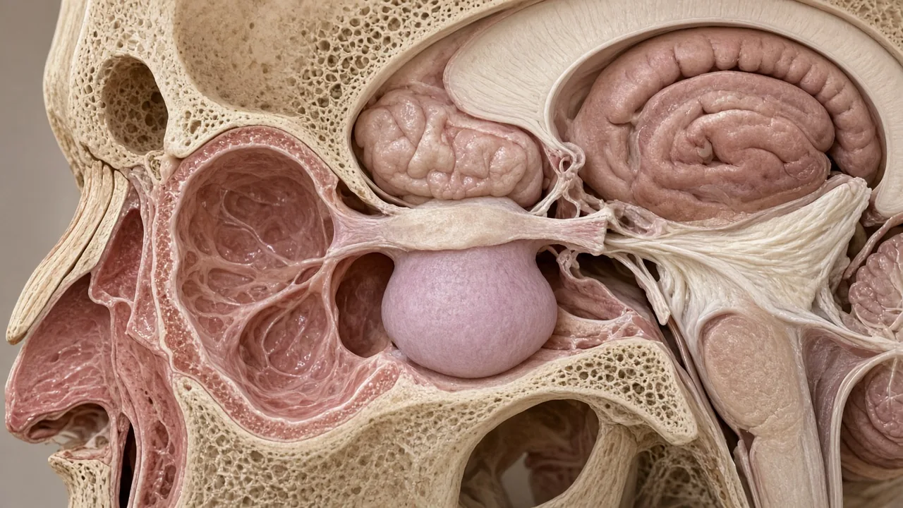 Pituitary adenoma in the sella turcica beneath the optic chiasm, approached through the sphenoid sinus