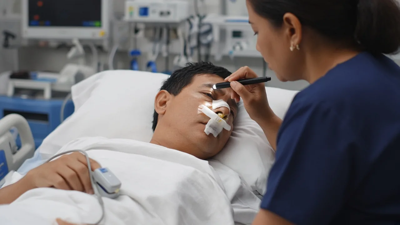 Neuro-ICU nurse checking neurological status after endoscopic brain surgery