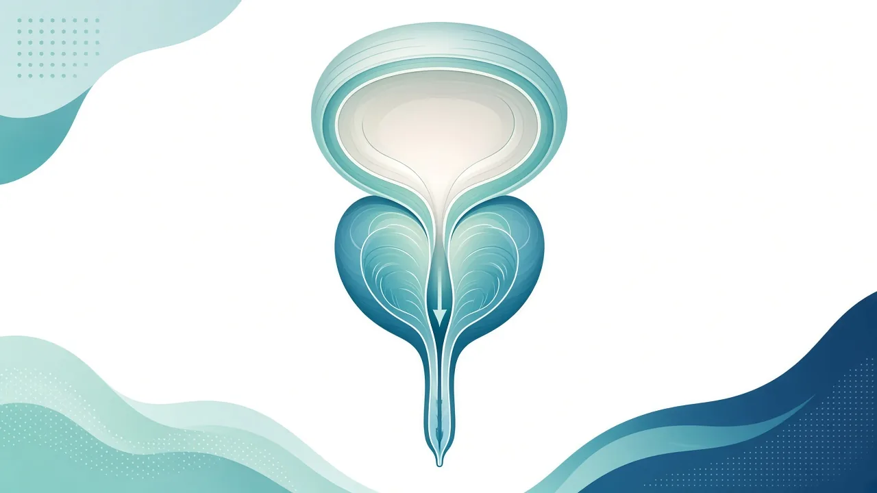 Unlabeled schematic of a bladder above an enlarged prostate narrowing the urethra