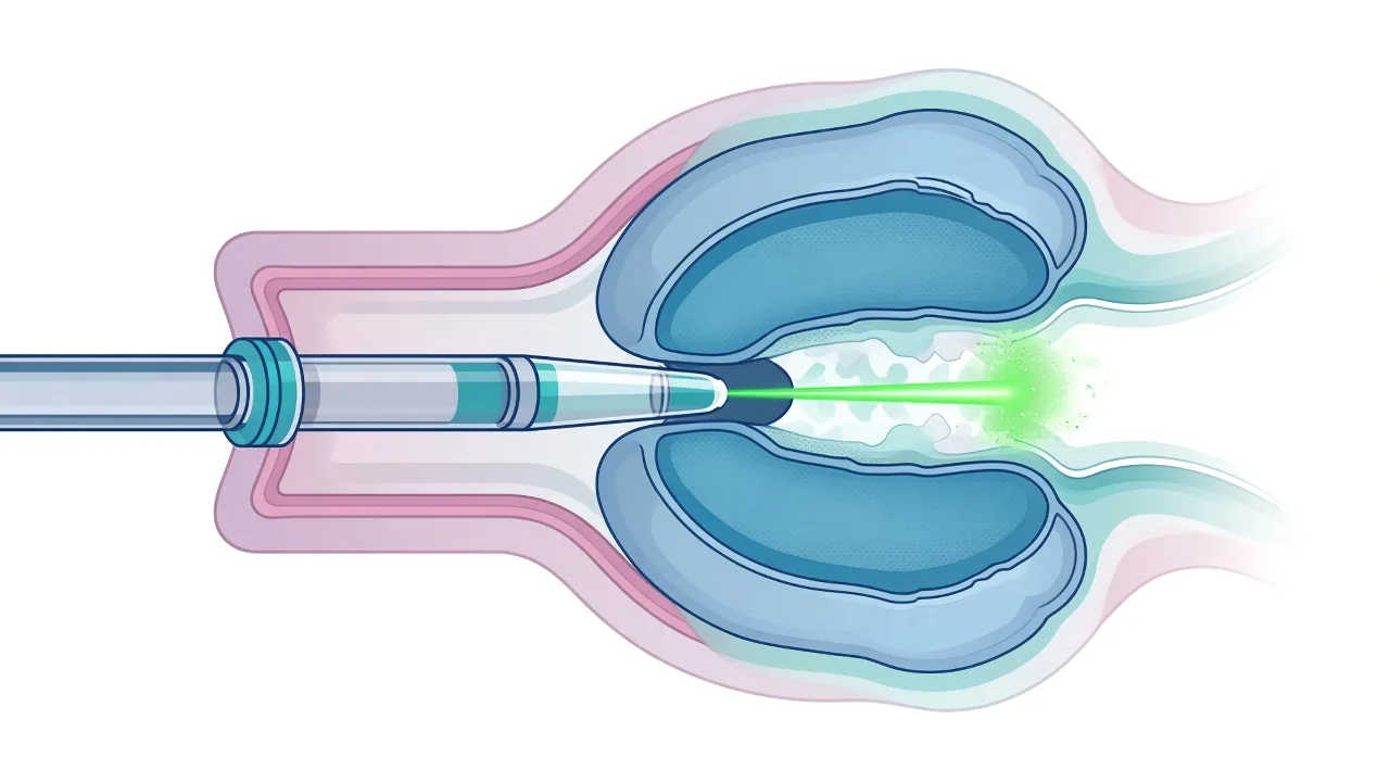 Unlabeled schematic of a cystoscope delivering a green laser beam into an enlarged prostate