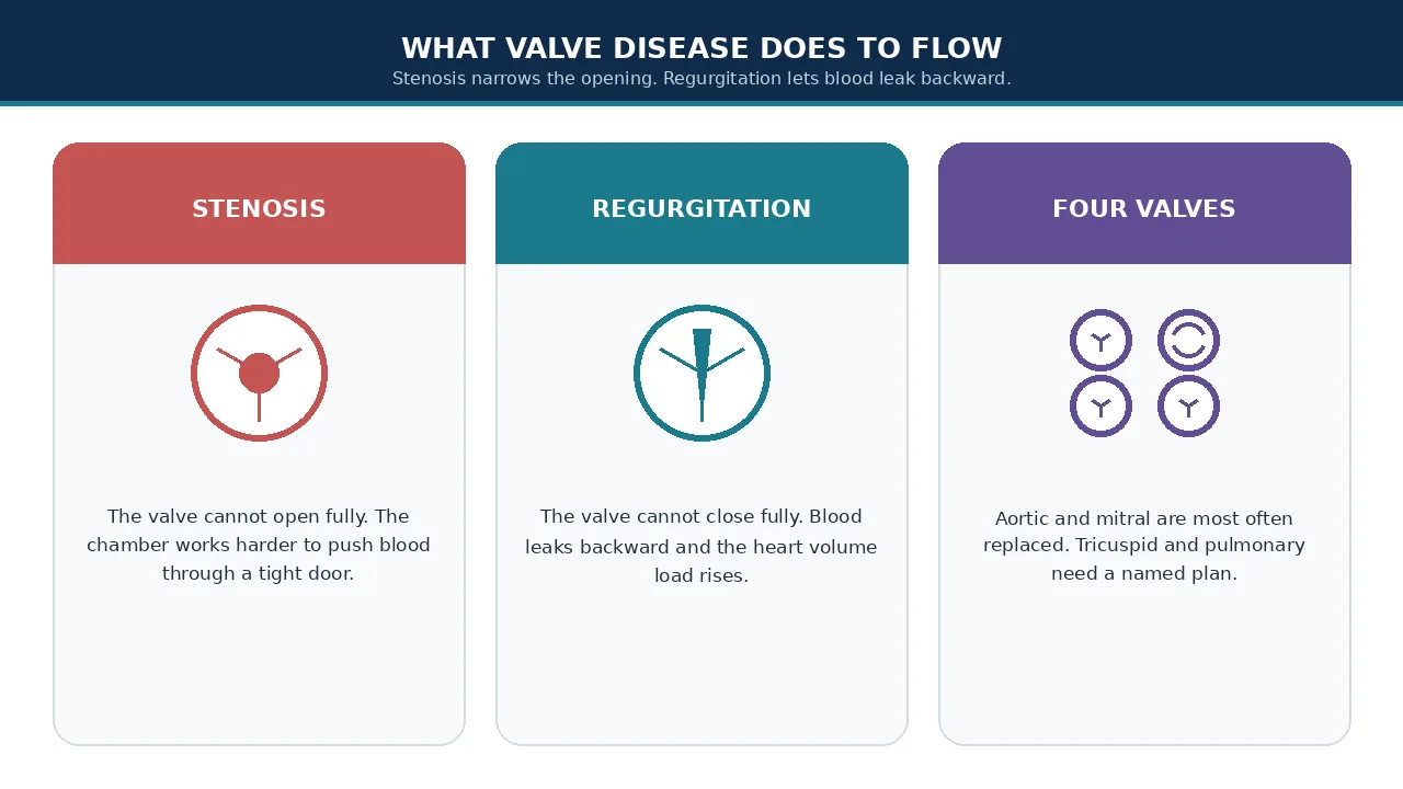 Stenosis, regurgitation and the four heart valves