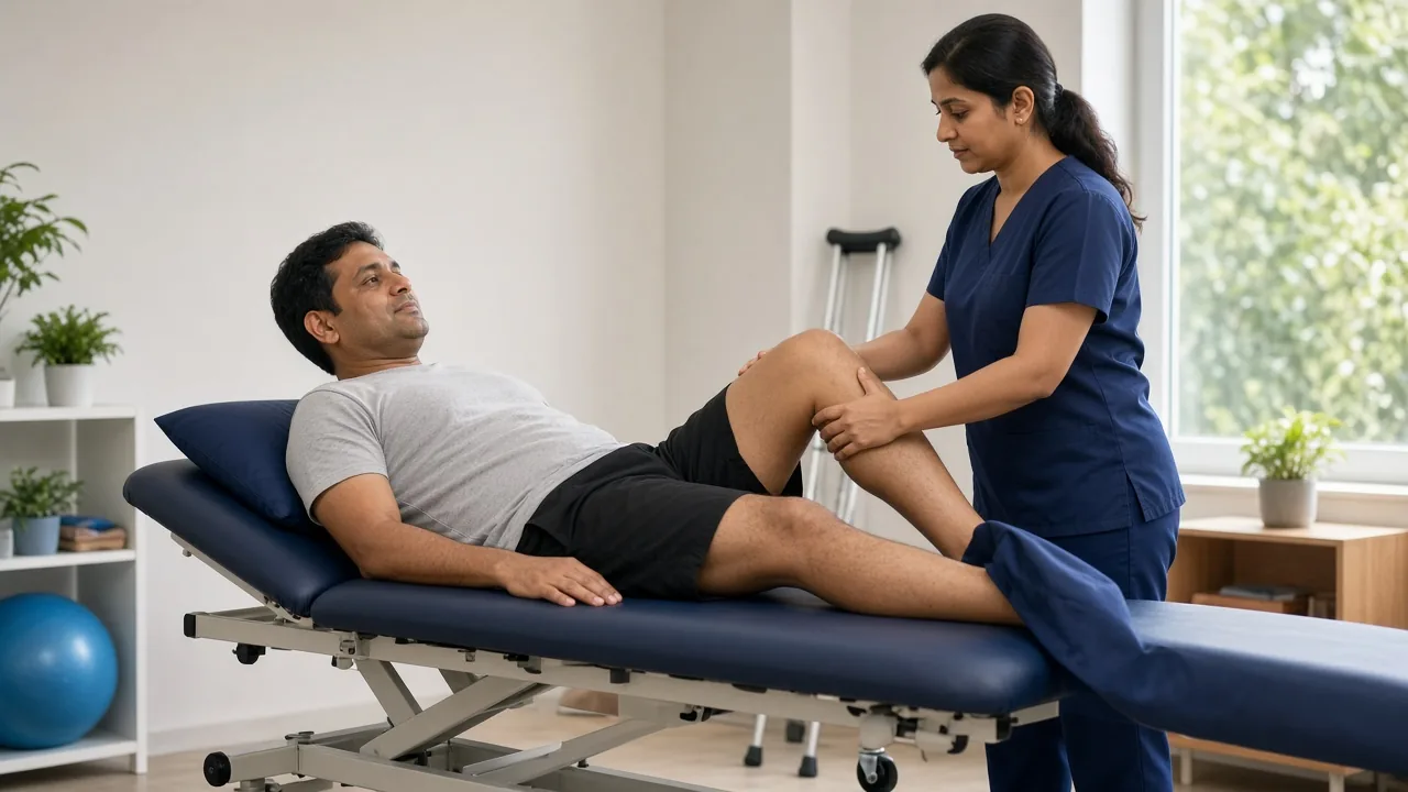 Adult patient performing guided hip range-of-motion physiotherapy after hip arthroscopy, with crutches nearby