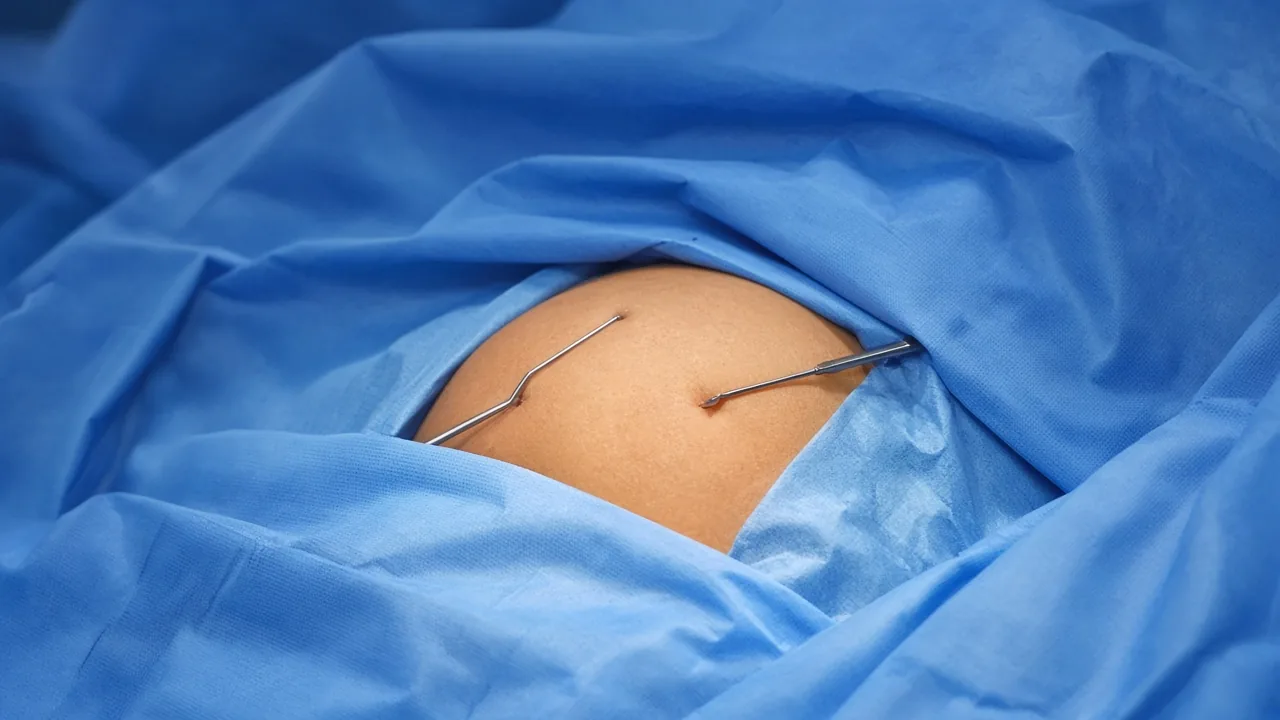 Adult hip draped for arthroscopy with two thin instruments entering small portals