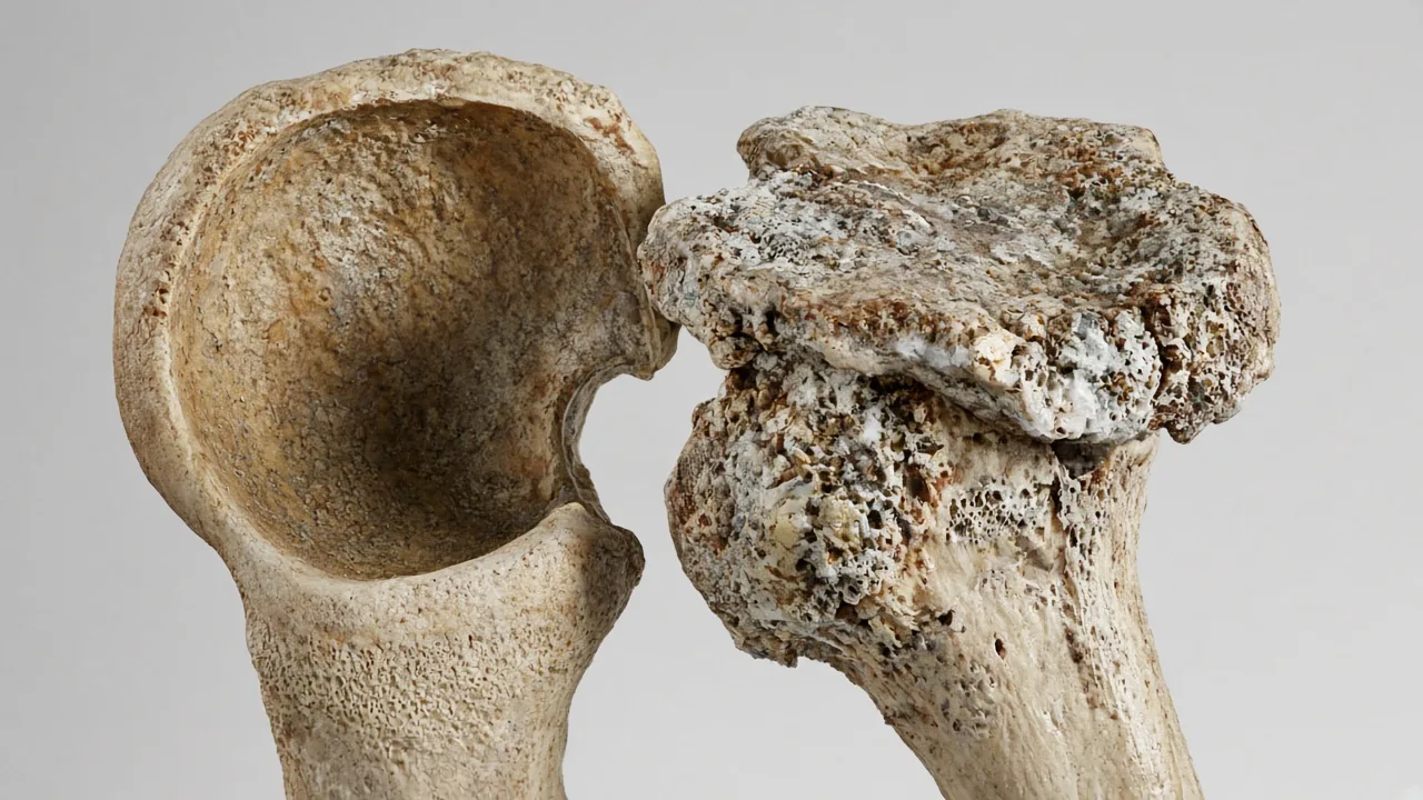 Avascular necrosis of the femoral head showing collapse and irregular bone of the necrotic segment beside the acetabulum